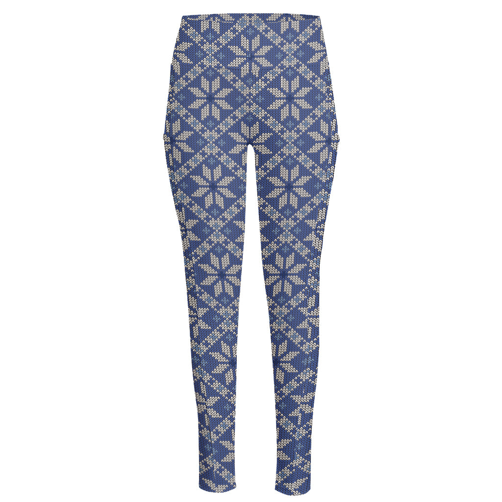 Snowflakes Knitted Pattern Print High-Waisted Pocket Leggings