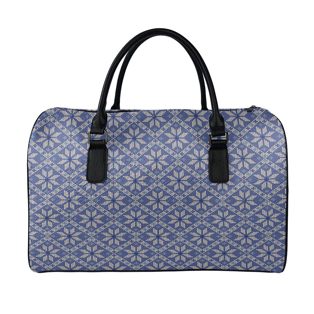 Snowflakes Knitted Pattern Print Leather Duffle Bag