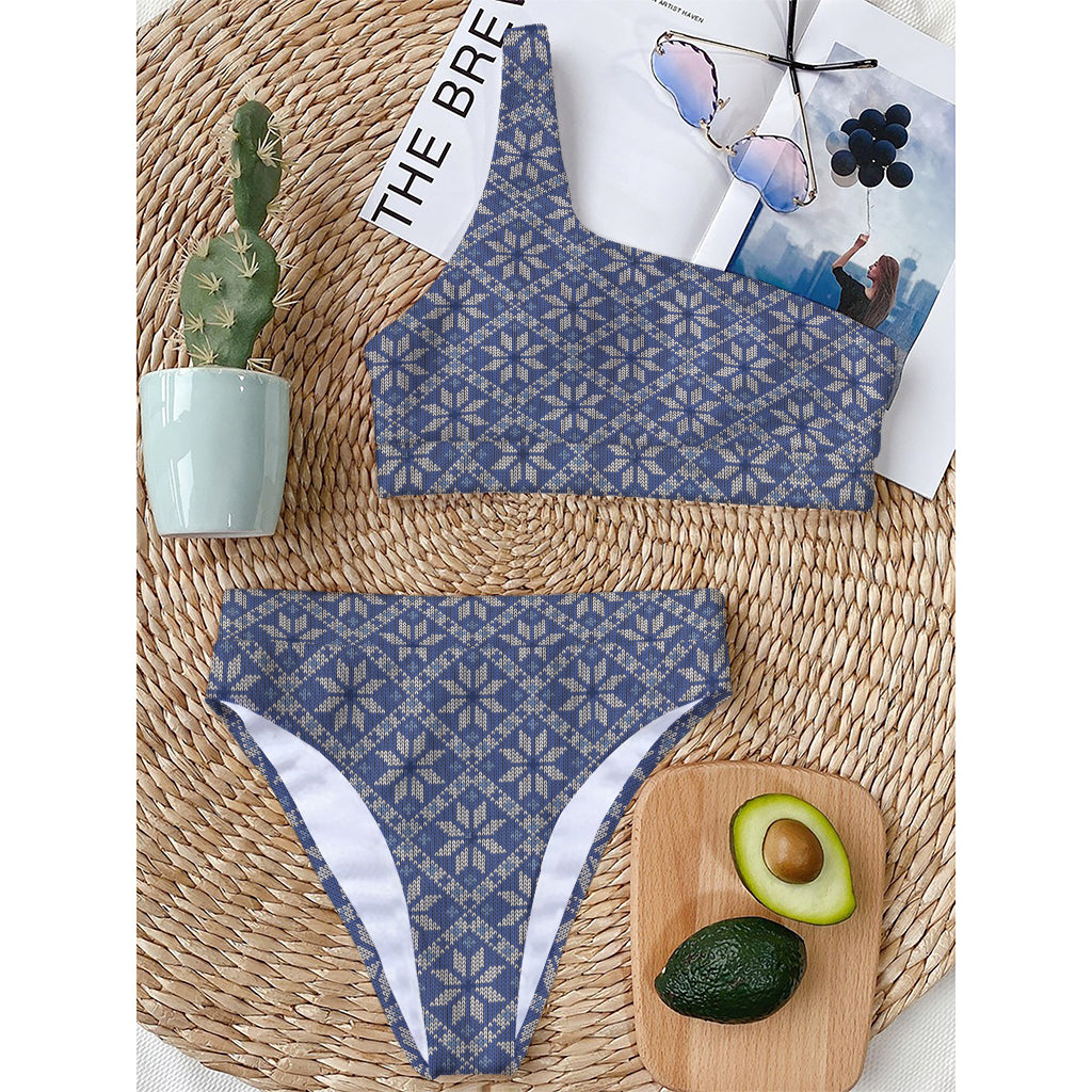 Snowflakes Knitted Pattern Print One Shoulder Bikini Top