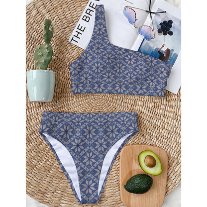 Snowflakes Knitted Pattern Print One Shoulder Bikini Top