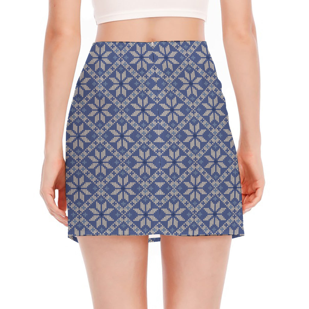 Snowflakes Knitted Pattern Print Side Slit Mini Skirt