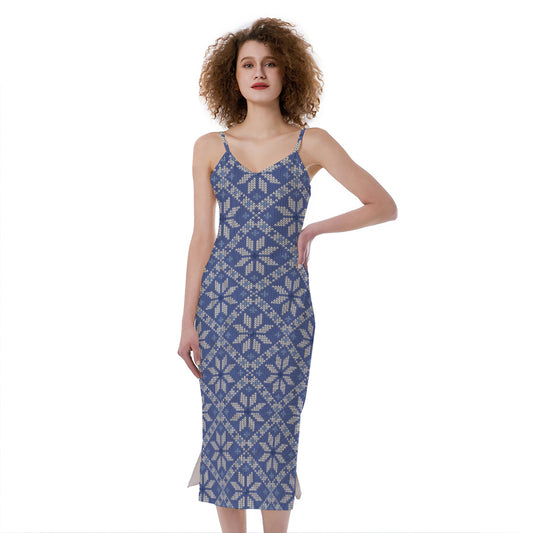 Snowflakes Knitted Pattern Print Slim Fit Midi Cami Dress