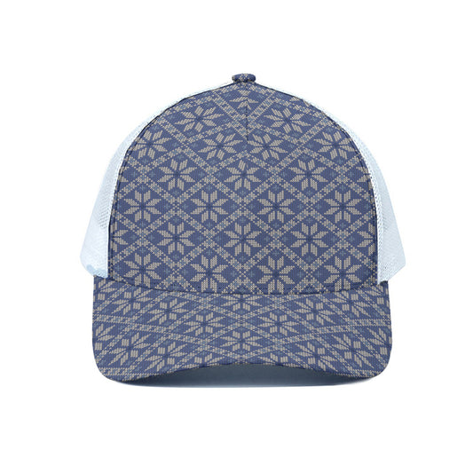 Snowflakes Knitted Pattern Print White Mesh Trucker Cap