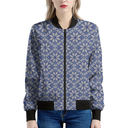 Snowflakes Knitted Pattern Print Women's Bomber Jacket