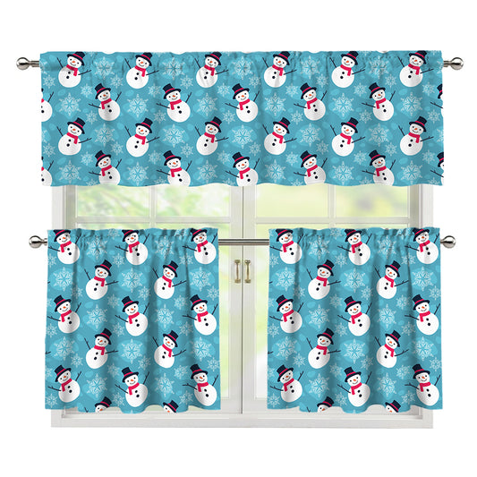 Snowman And Snowflake Pattern Print 3 Piece Kitchen Curtains