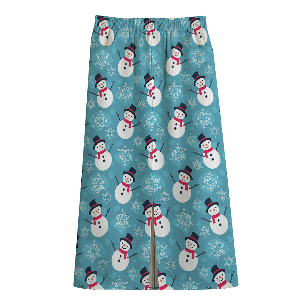 Snowman And Snowflake Pattern Print Cotton Front Slit Maxi Skirt
