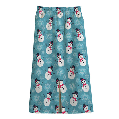 Snowman And Snowflake Pattern Print Cotton Front Slit Maxi Skirt