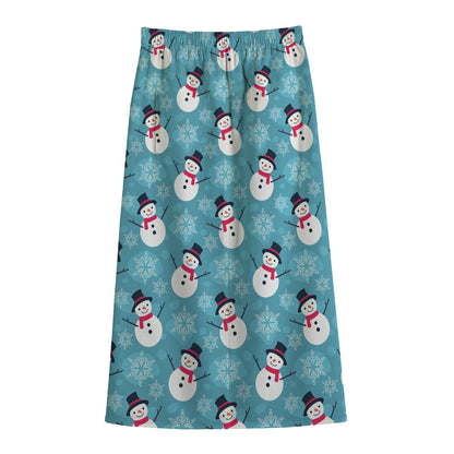 Snowman And Snowflake Pattern Print Cotton Front Slit Maxi Skirt