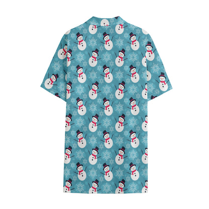 Snowman And Snowflake Pattern Print Cotton Hawaiian Shirt