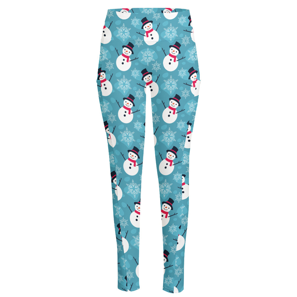 Snowman And Snowflake Pattern Print High-Waisted Pocket Leggings