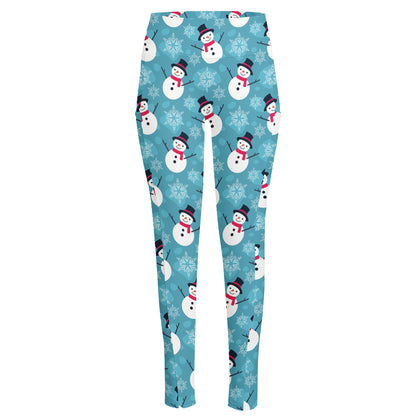 Snowman And Snowflake Pattern Print High-Waisted Pocket Leggings