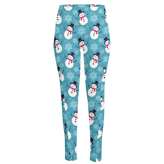 Snowman And Snowflake Pattern Print High-Waisted Pocket Leggings