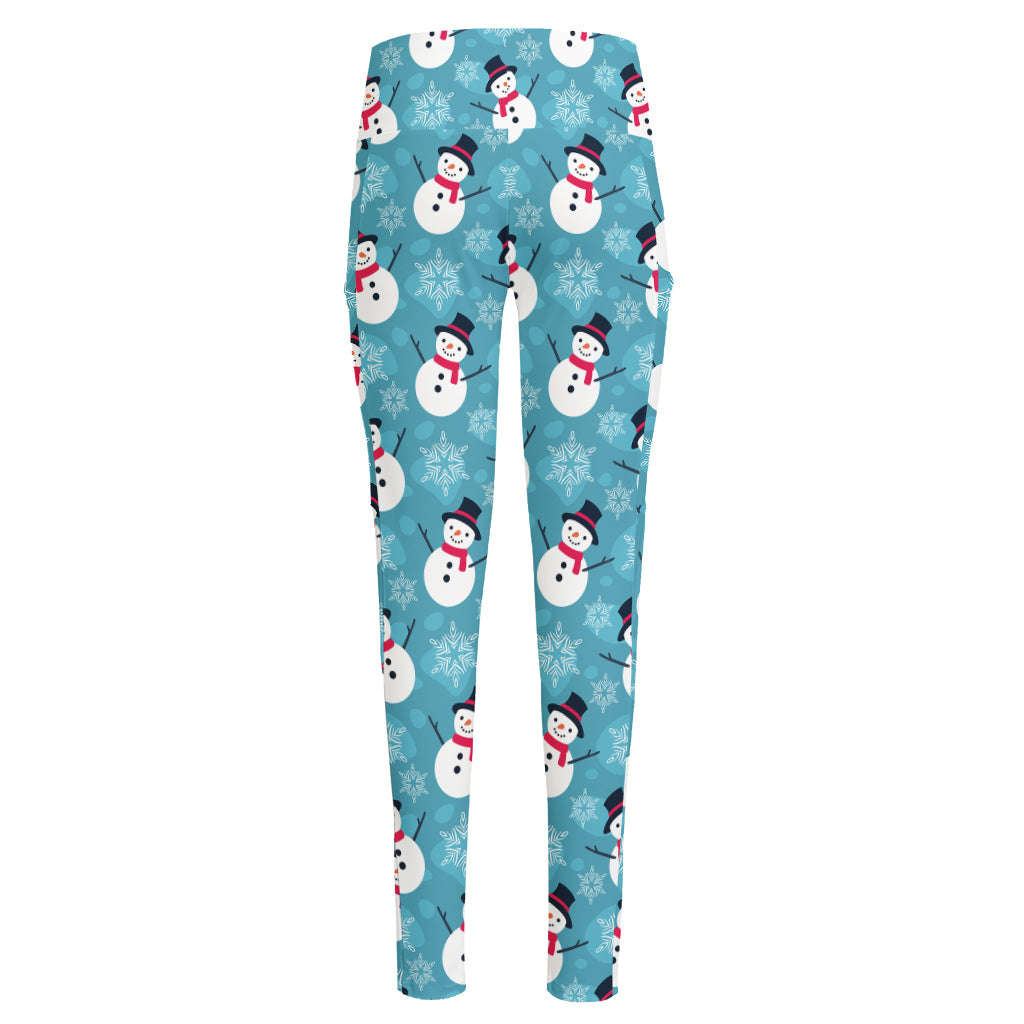 Snowman And Snowflake Pattern Print High-Waisted Pocket Leggings