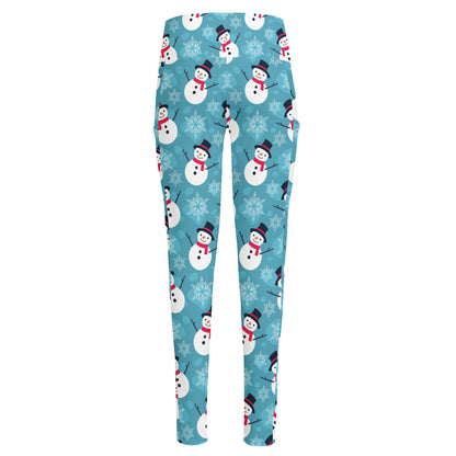 Snowman And Snowflake Pattern Print High-Waisted Pocket Leggings