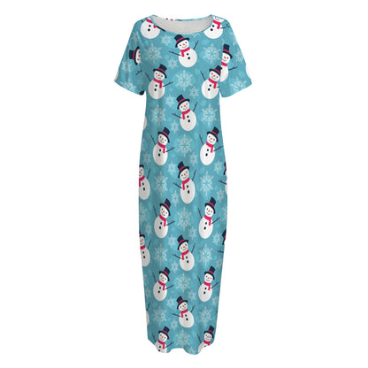 Snowman And Snowflake Pattern Print Short Sleeve Long Nightdress