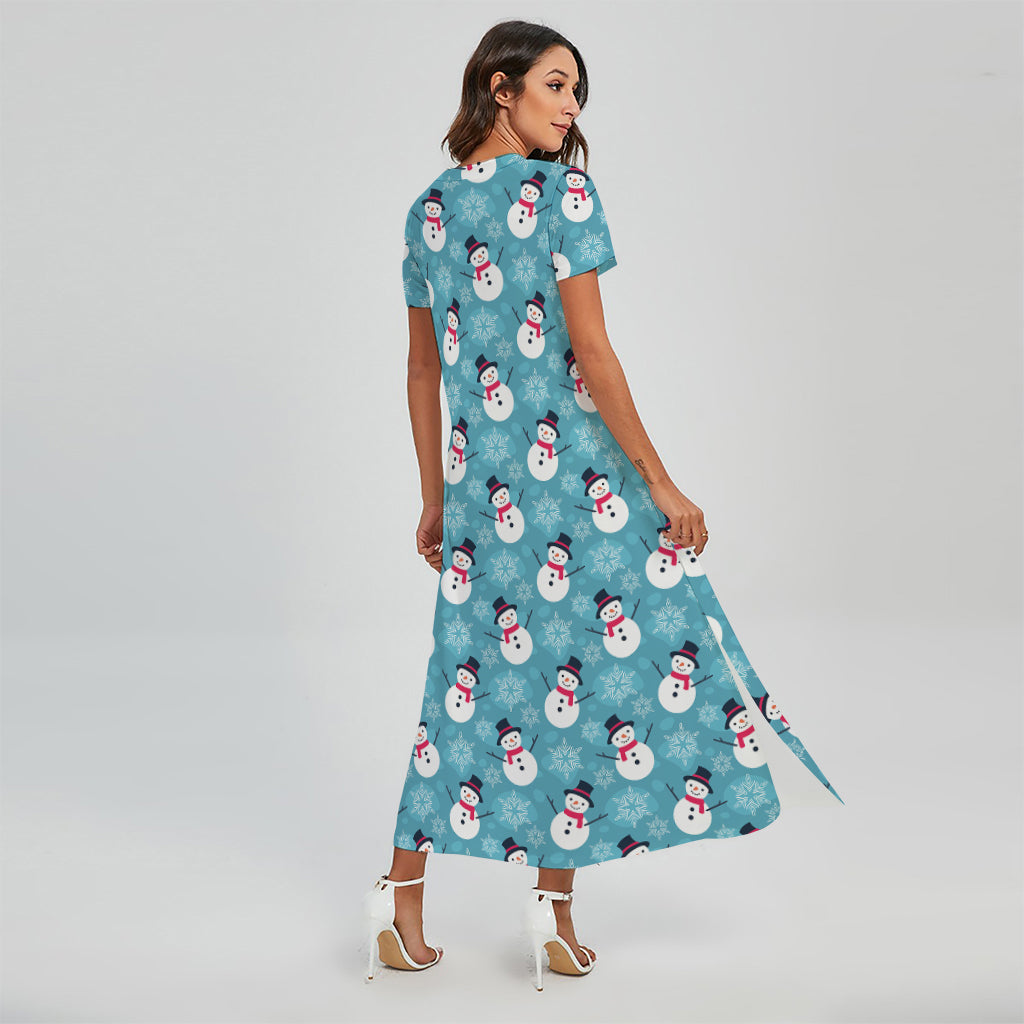 Snowman And Snowflake Pattern Print Short Sleeve Maxi Dress
