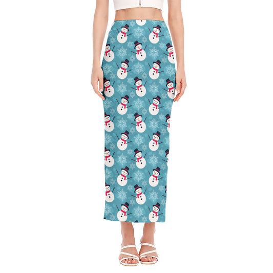 Snowman And Snowflake Pattern Print Side Slit Maxi Skirt