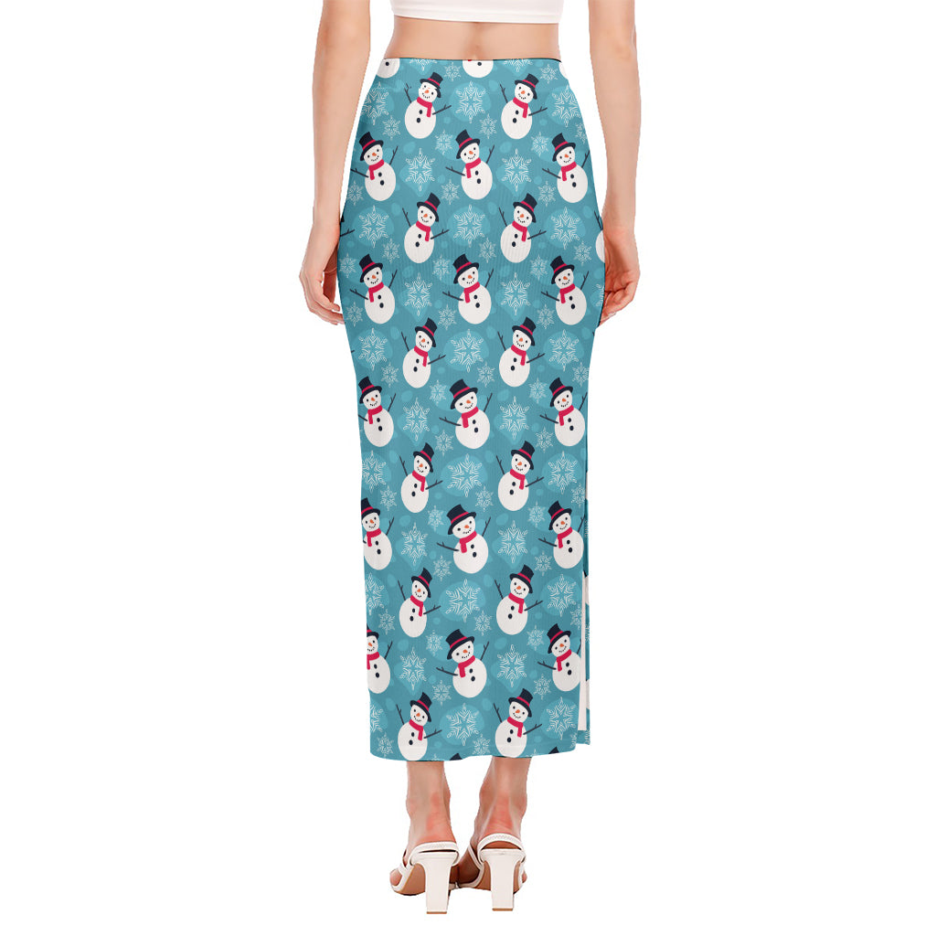 Snowman And Snowflake Pattern Print Side Slit Maxi Skirt