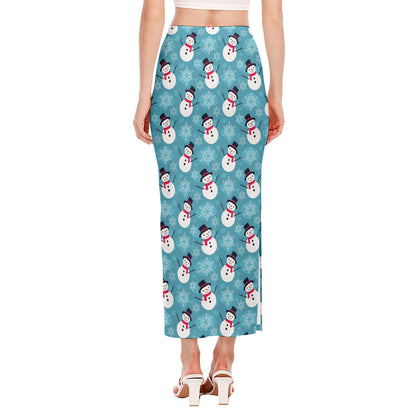 Snowman And Snowflake Pattern Print Side Slit Maxi Skirt