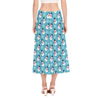 Snowman And Snowflake Pattern Print Side Slit Midi Skirt