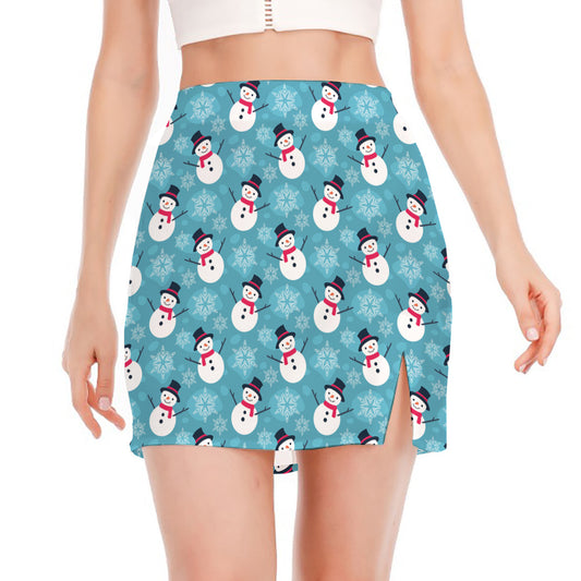 Snowman And Snowflake Pattern Print Side Slit Mini Skirt