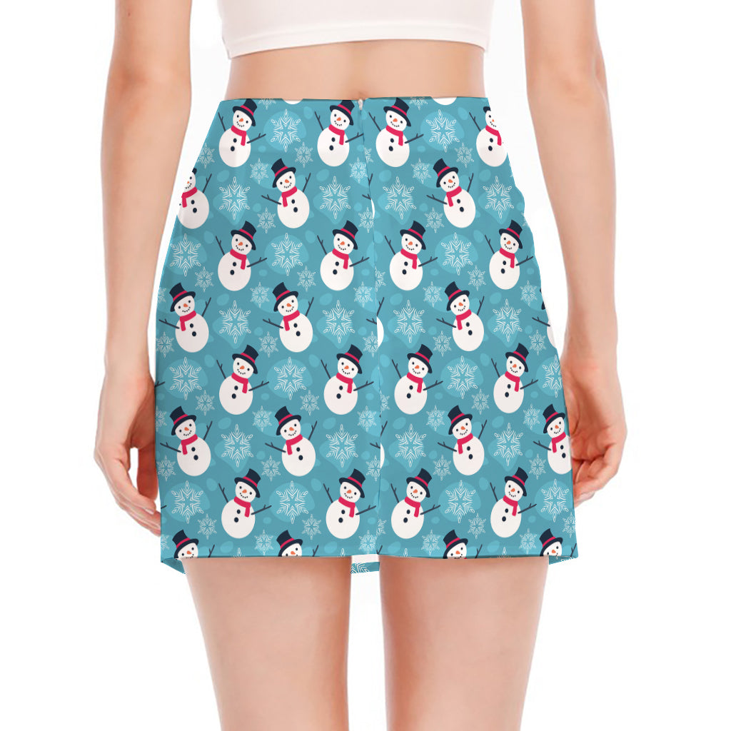 Snowman And Snowflake Pattern Print Side Slit Mini Skirt