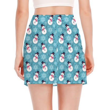 Snowman And Snowflake Pattern Print Side Slit Mini Skirt