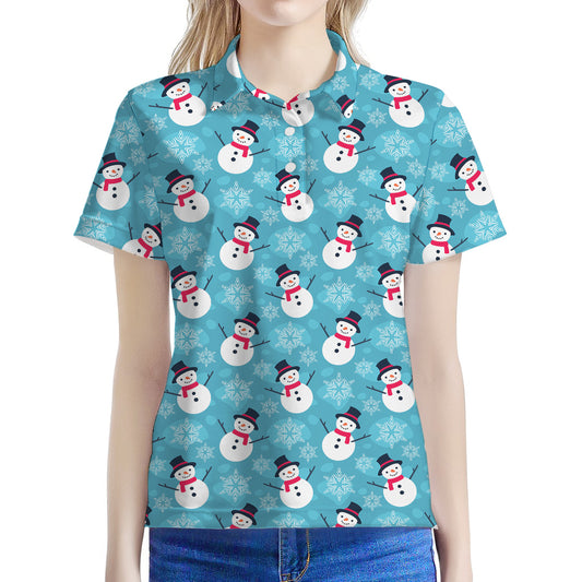 Snowman And Snowflake Pattern Print Women's Polo Shirt