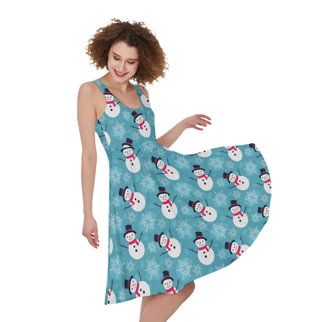 Snowman And Snowflake Pattern Print Women's Sleeveless Dress