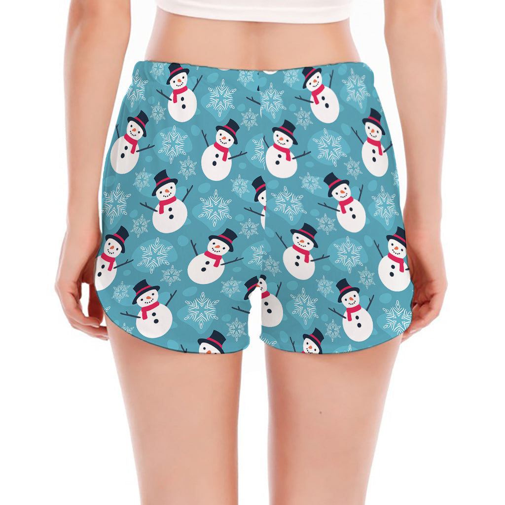Snowman And Snowflake Pattern Print Women's Split Running Shorts