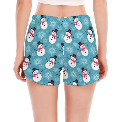 Snowman And Snowflake Pattern Print Women's Split Running Shorts