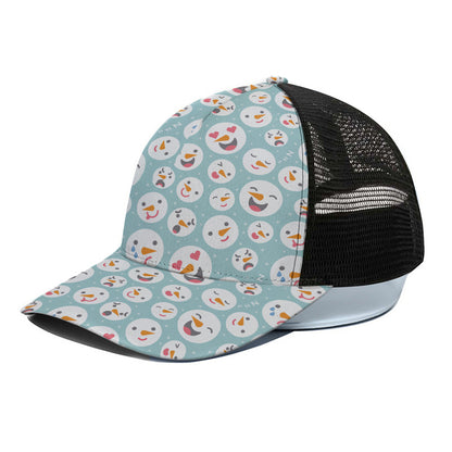 Snowman Emoji Pattern Print Black Mesh Trucker Cap