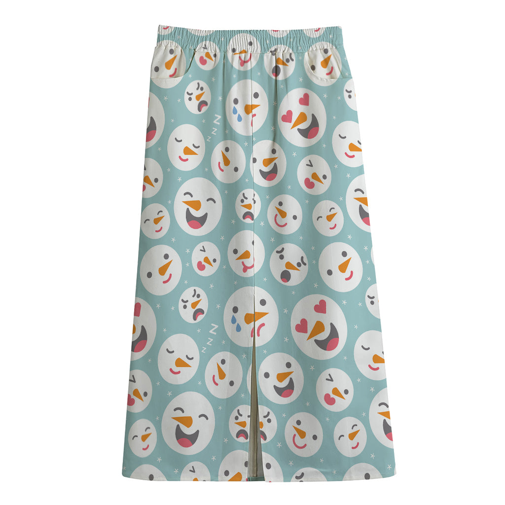 Snowman Emoji Pattern Print Cotton Front Slit Maxi Skirt