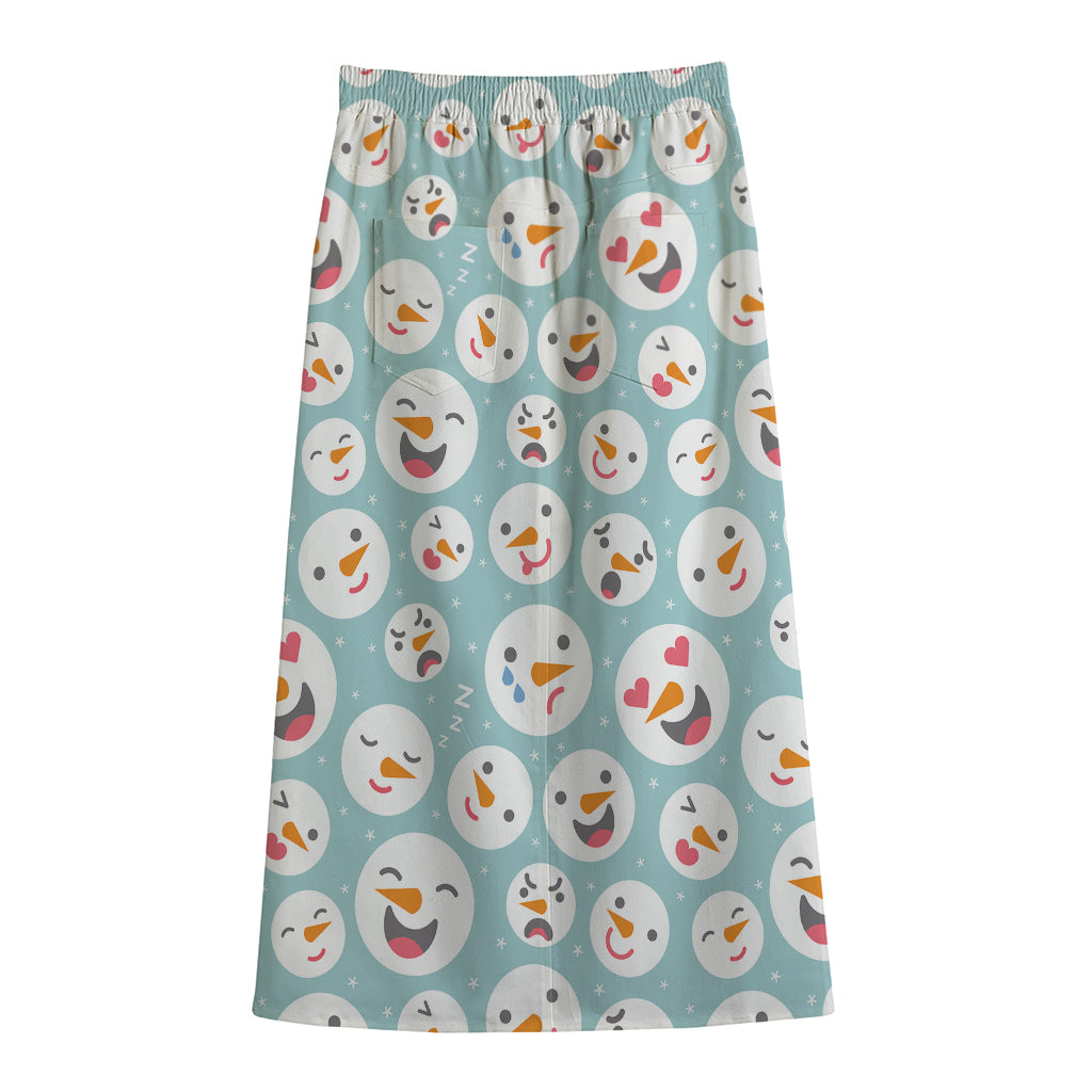 Snowman Emoji Pattern Print Cotton Front Slit Maxi Skirt