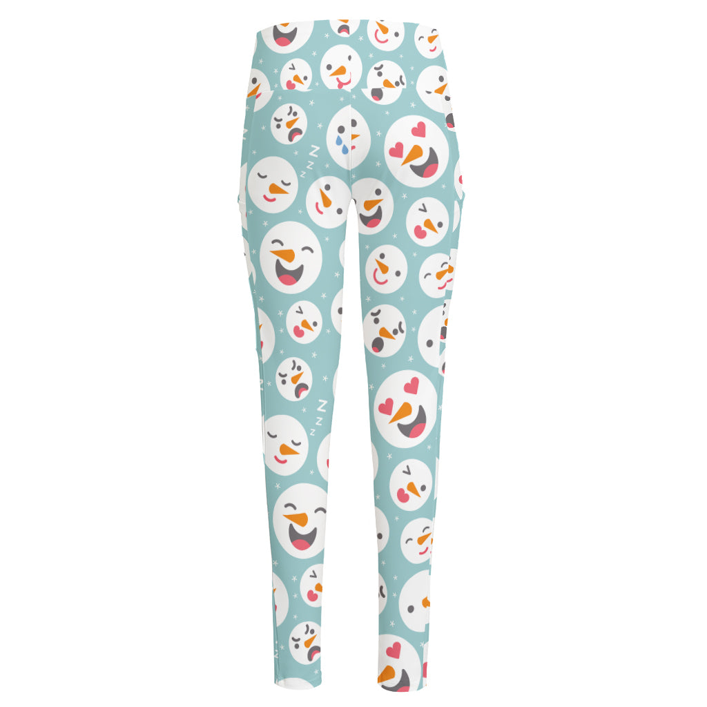 Snowman Emoji Pattern Print High-Waisted Pocket Leggings