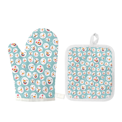 Snowman Emoji Pattern Print Oven Mitt And Pot Holder Set