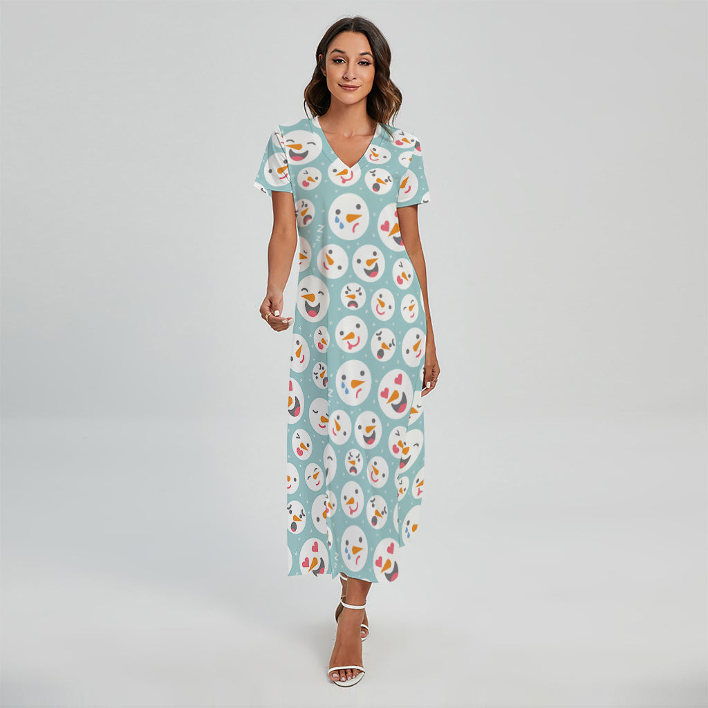 Snowman Emoji Pattern Print Short Sleeve Maxi Dress