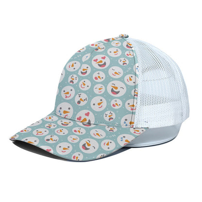 Snowman Emoji Pattern Print White Mesh Trucker Cap
