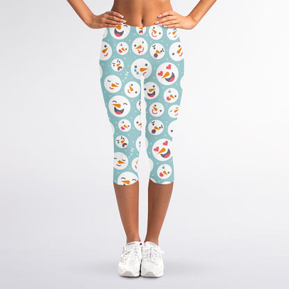 Snowman Emoji Pattern Print Women's Capri Leggings