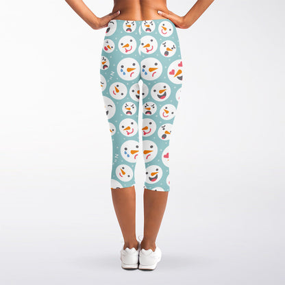 Snowman Emoji Pattern Print Women's Capri Leggings
