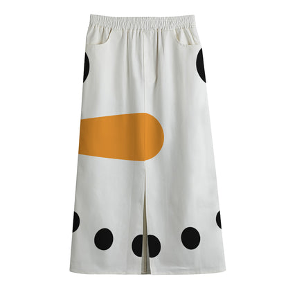 Snowman Face Print Cotton Front Slit Maxi Skirt