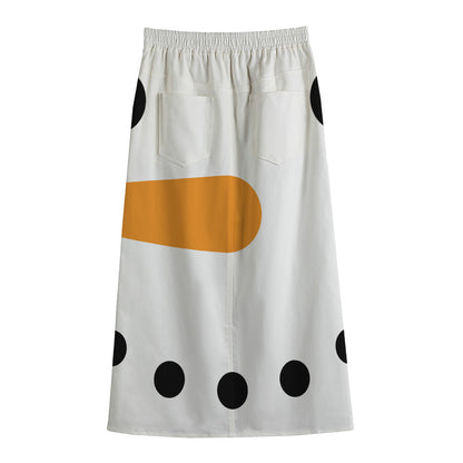 Snowman Face Print Cotton Front Slit Maxi Skirt