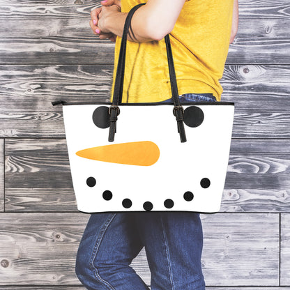 Snowman Face Print Leather Tote Bag