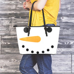 Snowman Face Print Leather Tote Bag