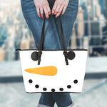 Snowman Face Print Leather Tote Bag
