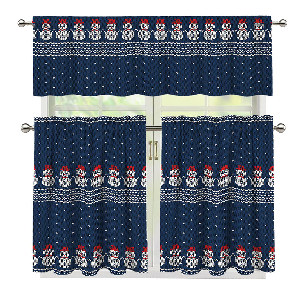 Snowman Knitted Pattern Print 3 Piece Kitchen Curtains
