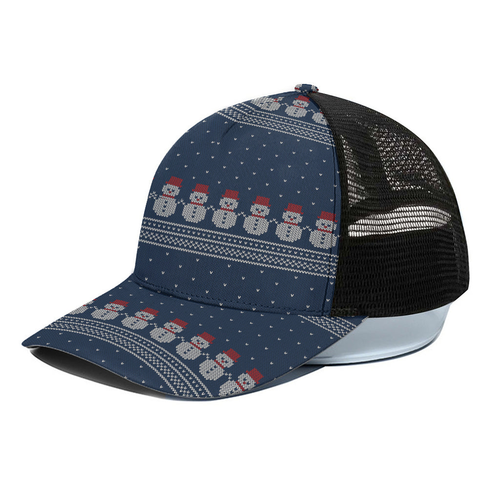 Snowman Knitted Pattern Print Black Mesh Trucker Cap