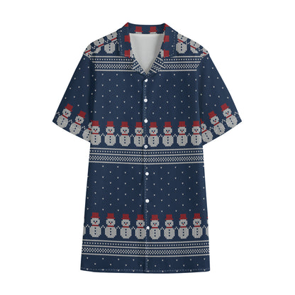 Snowman Knitted Pattern Print Cotton Hawaiian Shirt