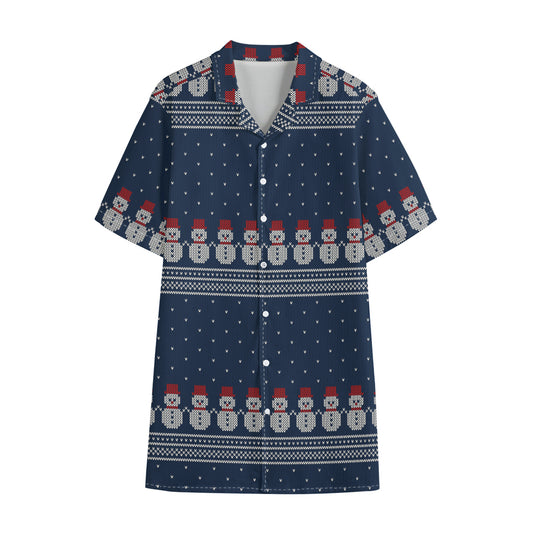 Snowman Knitted Pattern Print Cotton Hawaiian Shirt