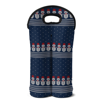 Snowman Knitted Pattern Print Double Neoprene Wine Tote
